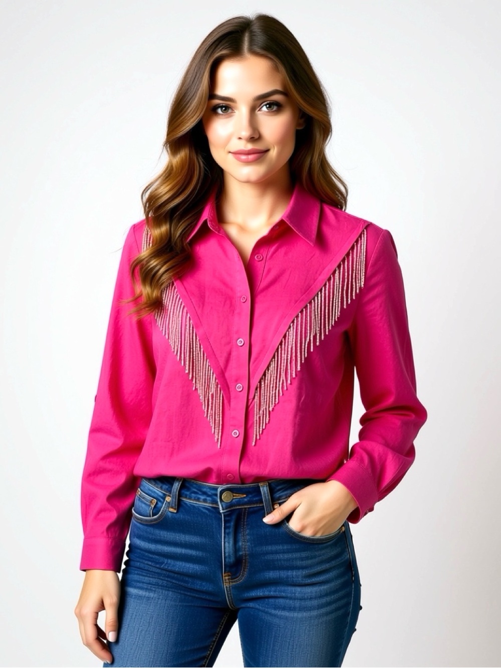 Bright Pink Fringe-Embellished Button-Down Shirt Size-XL